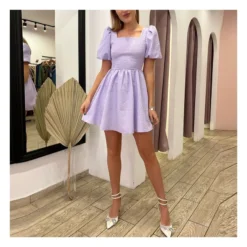 Fashion Square Neck Bubble Sleeve Jacquard Backless A-Line Mini Dress Wholesale Dresses SDN562841