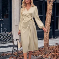 Casual V-Neck Solid Colour Tie Waist Long Sleeve Dress Wholesale Dresses N5923082300037 -Amour Vert shop e1525c5a0efb4b42a7c5b0680118a689 4