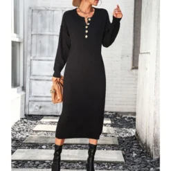 Fashion Solid Colour Long Sleeve Button Down Knit Dress Wholesale Dresses N5923082600017 -Amour Vert shop e51975fef83745df9930b07400b8f277 4