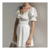 White Plunge Neck Puff Sleeve Waist A-Line Hollow Cotton & Linen Ruffled Dress Resort Wholesale Dresses SDN532603