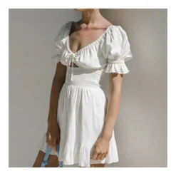 White Plunge Neck Puff Sleeve Waist A-Line Hollow Cotton & Linen Ruffled Dress Resort Wholesale Dresses SDN532603