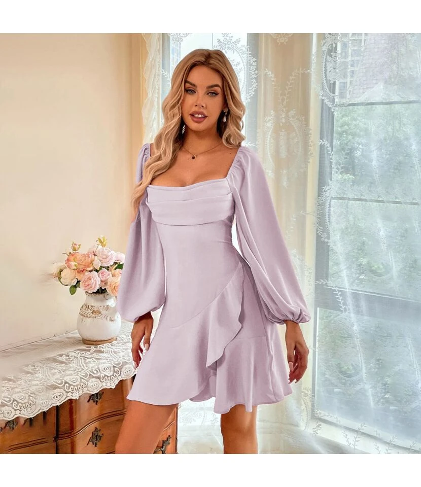 Sexy Square Neck Puff Sleeve Dress Solid Color Ruffled Wholesale Dresses SDN561726 6 Sexy Square Neck Puff Sleeve Dress Solid Color Ruffled Wholesale Dresses SDN561726 - Image 4