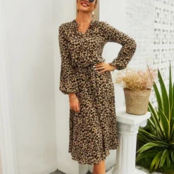 Fashion V Neck Leopard Print Midi Dress High Waist Long Sleeve Slim Wholesale Dresses SDN560438