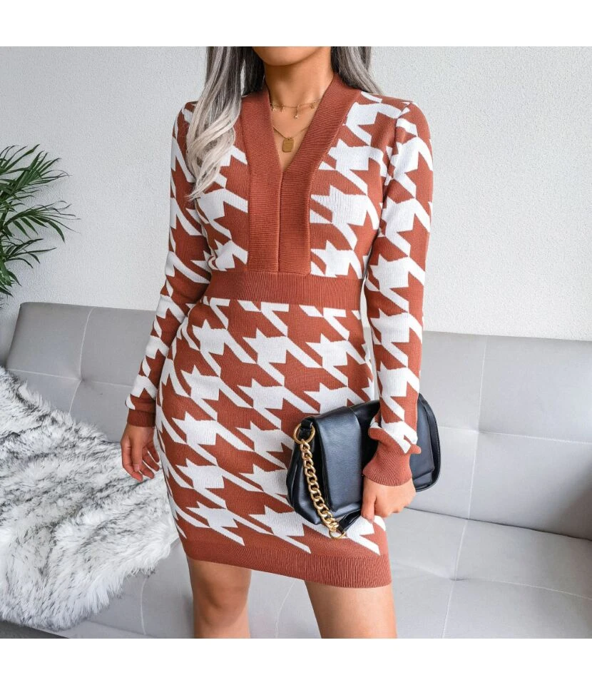 Knitted Dress Lady Wholesale Houndstooth Fashion SD162182 6 Knitted Dress Lady Wholesale Houndstooth Fashion SD162182 - Image 4