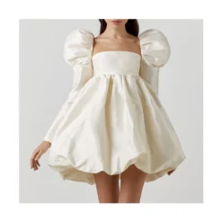 Sexy Square Neck Satin Dress Puff Sleeve Solid Color A-Line Wholesale Dresses SDN560919