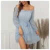 Sexy Off Shoulder Flocking Mini Dress Solid Color Long Sleeve Lace Up Flowy Wholesale Dresses SDN560434