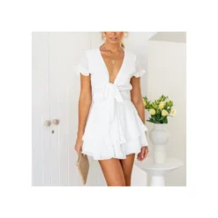 Solid Color Lace-Up V-Neck Layered Ruffled Dress Wholesale Dresses SDN535553