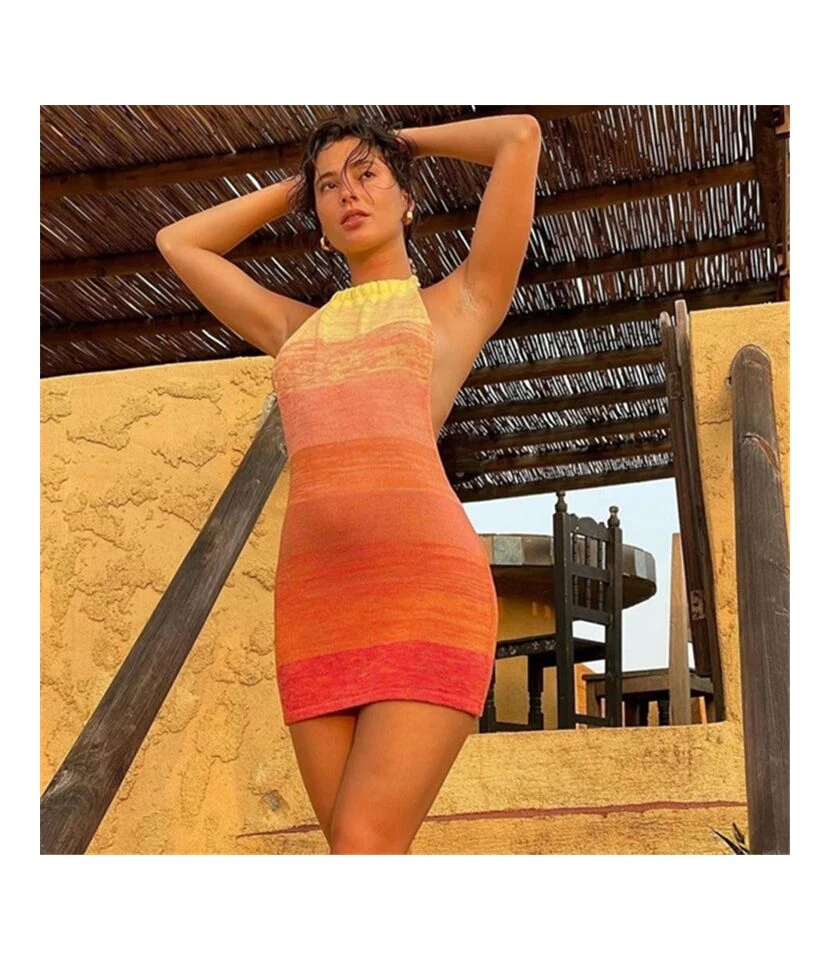 Gradient Sunset Print Halterneck Open Back Sling Pack Hip Knit Bodycon Dress Sexy Wholesale Jersey Dresses SDN532878 6 Gradient Sunset Print Halterneck Open Back Sling Pack Hip Knit Bodycon Dress Sexy Wholesale Jersey Dresses SDN532878 - Image 4