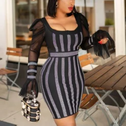 Stripe Mesh Puff Sleeve Low-Cut Rhinestone Design Dress SD030553