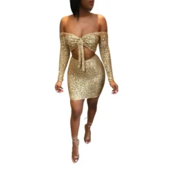 Sexy Off Shoulder Long Sleeve Crop Tops & Mini Dress Solid Color Sequins Wholesale Womens 2 Piece Sets SON562802