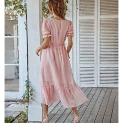 Elegant V Neck Flocking Midi Dress Short Sleeve Solid Color High Waist Wholesale Dresses SDN560431 -Amour Vert shop f1068ba4 d9de 4081 bf08 63286ea5537c 1c919b431633c70c69fe046689c760ac