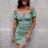 Sexy Off Shoulder Pleated Dress Puff Sleeves Solid Color Bodycon Wholesale Dresses SDN560563