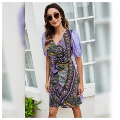 Printed Fashion Pullover Puff Sleeve Dress Casual V-Neck Slim Elegant Wholesale Dresses SD183952 -Amour Vert shop f35b5a2a 0de6 4acf 9d19 d3b93d371de2 BDC878663823AC7F6675B3C68DBD36FD