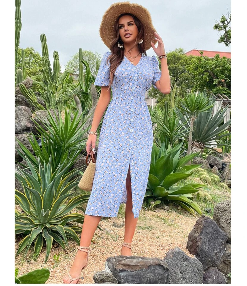 Sexy V Neck Floral Dress Short Sleeve Slit Shirt Wholesale Dresses SDN561308 5 Sexy V Neck Floral Dress Short Sleeve Slit Shirt Wholesale Dresses SDN561308 - Image 3