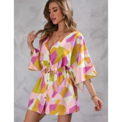 Geometric Print Deep-V Half Flare Sleeve Lace-Up Drawstring Mini Dress Resort Wholesale Dresses SDN533159 -Amour Vert shop fc061e85 20b1 48d5 9442 62ac01d0e460 8438a21ba1fb2d57ae308cffc526d6d7
