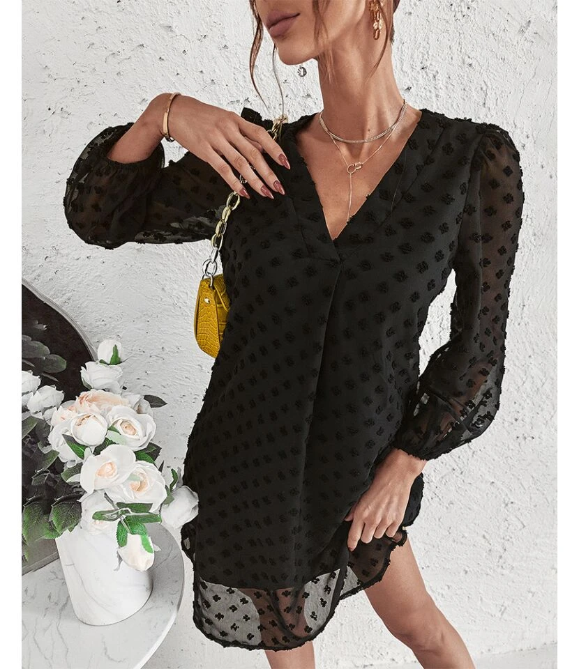 Sexy V Neck Flocking Mini Dress Solid Color Loose Long Sleeve Wholesale Dresses SDN560852 5 Sexy V Neck Flocking Mini Dress Solid Color Loose Long Sleeve Wholesale Dresses SDN560852 - Image 3